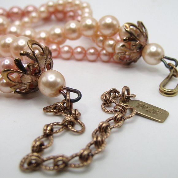 Vintage 1928 Faux Pearl Choker Necklace Heart Romantic Peach Tones - Picture 5 of 6